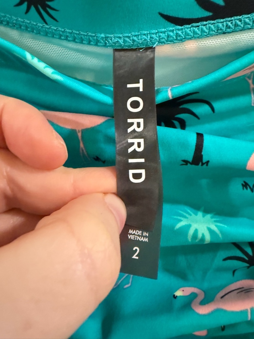 torrid Teal Swim Bottoms with Pink Flamingo & Black Palm Print - Picture 3 of 6